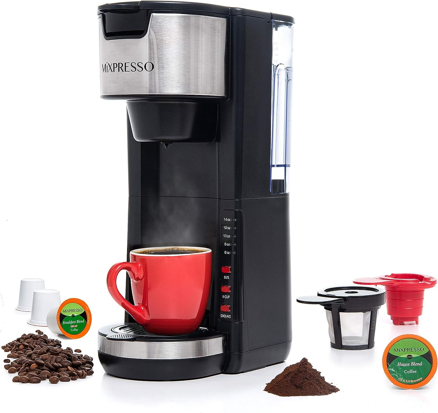 Black Single Serve Coffee Brewer K-Cup Pods Compatible & Ground, 30 Oz Compact Coffee Maker Single Serve with 5 Brew Sizes up to 14 Oz, Fits Travel Mug, Adjustable Drip Tray