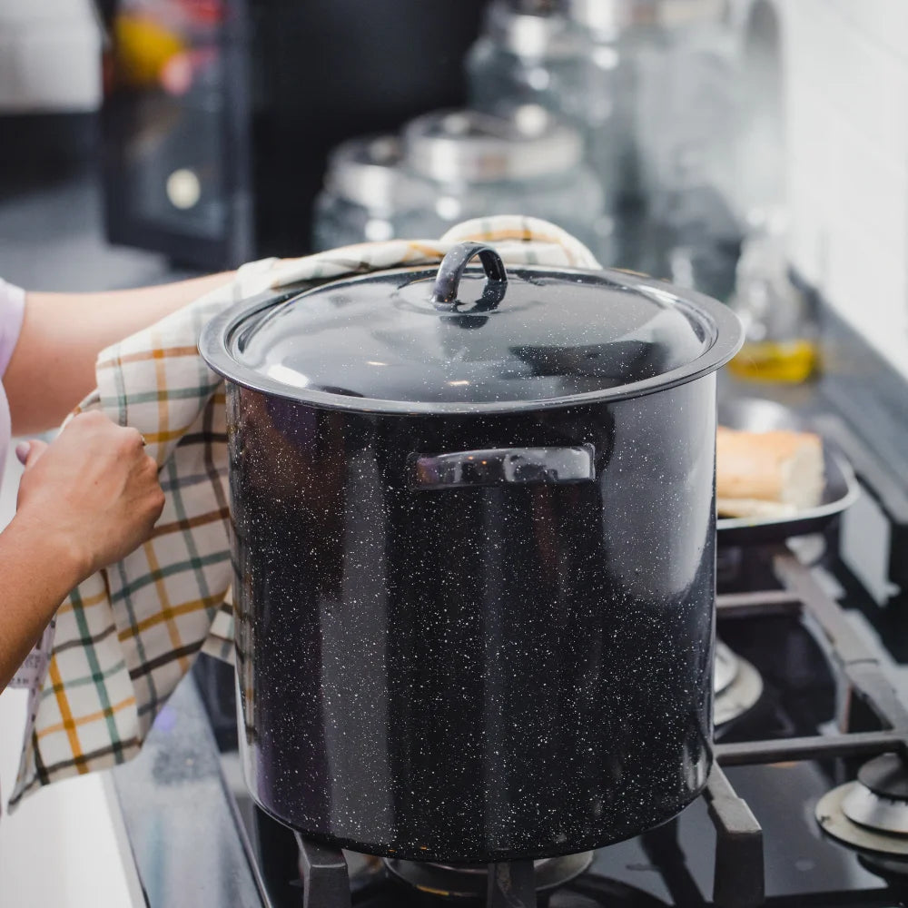 Enamel on Steel Multiuse Pot, Seafood / Tamale / Stock Pot Includes Steamer Insert, 15.5-Quart, Black